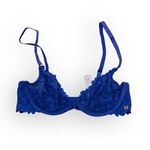 Savage X‎ Fenty Bra 36C Blue Lace Floral Balconette Underwire Unlined